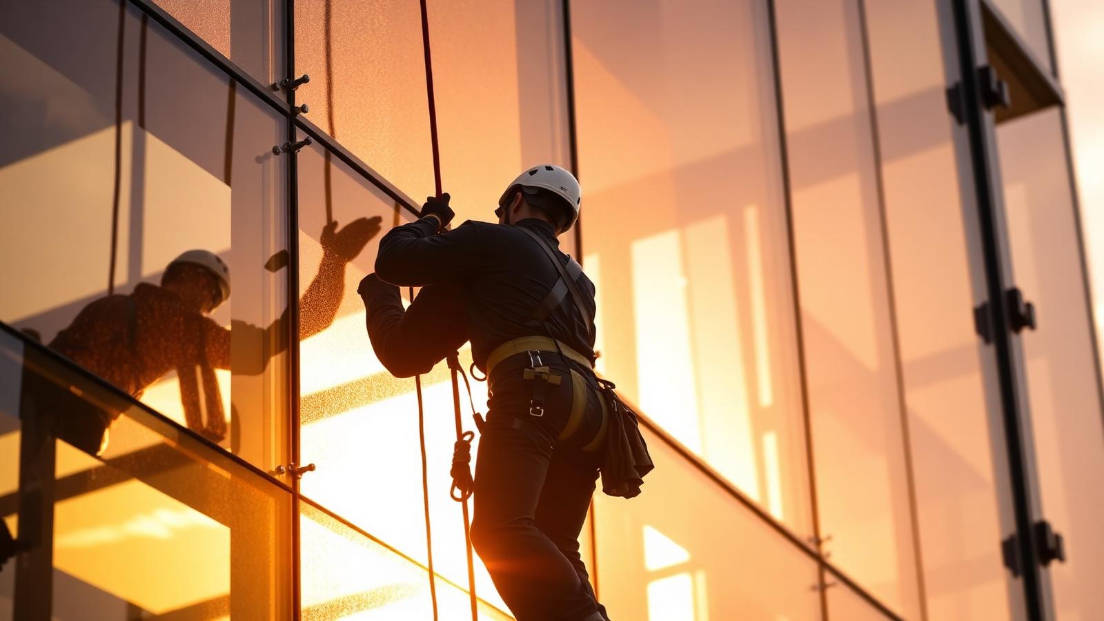 Técnico de acesso por cordas a trabalhar numa fachada envidraçada ao pôr do sol